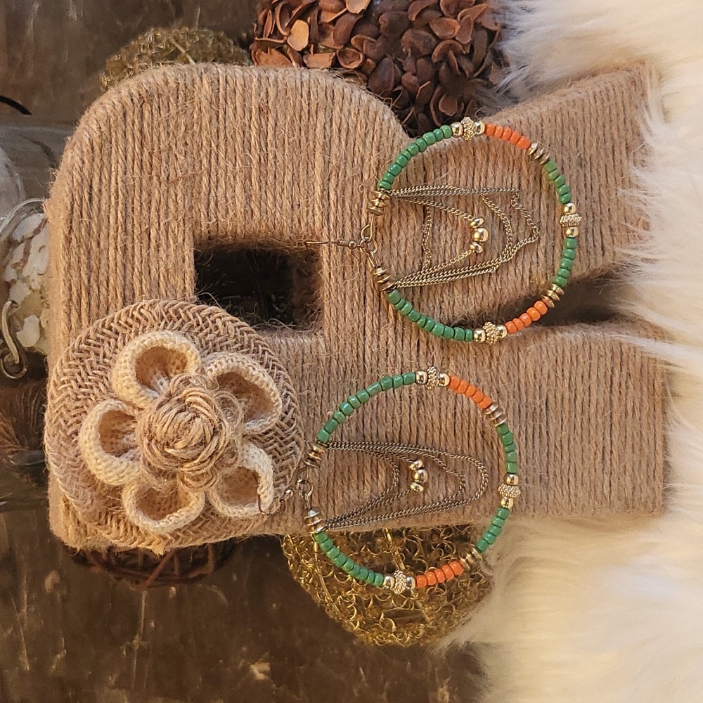 Cute green, gold and orange hoop earrings